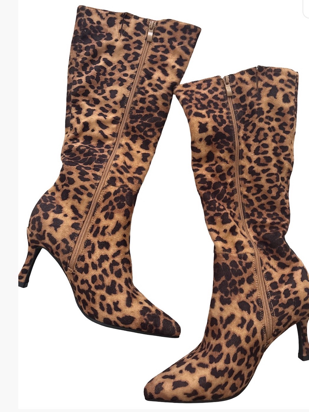 TOP Moda Leopard Print Mid-Calf Heeled Boots - Brown/Black